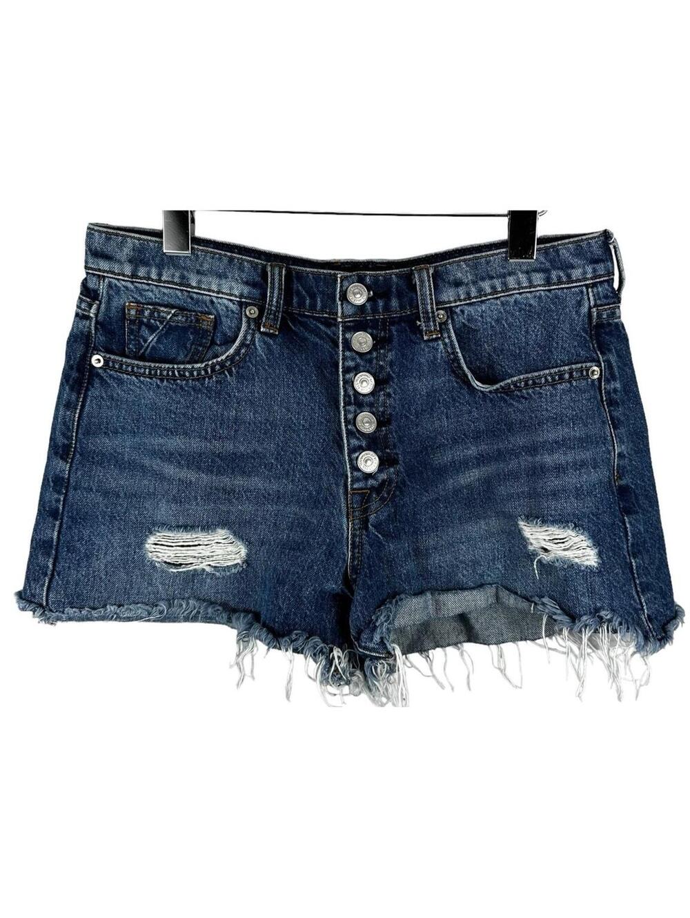 7 For All Mankind Monroe Cut Off Jean Denim Short Distressed Raw Hem Blue Sz 29
